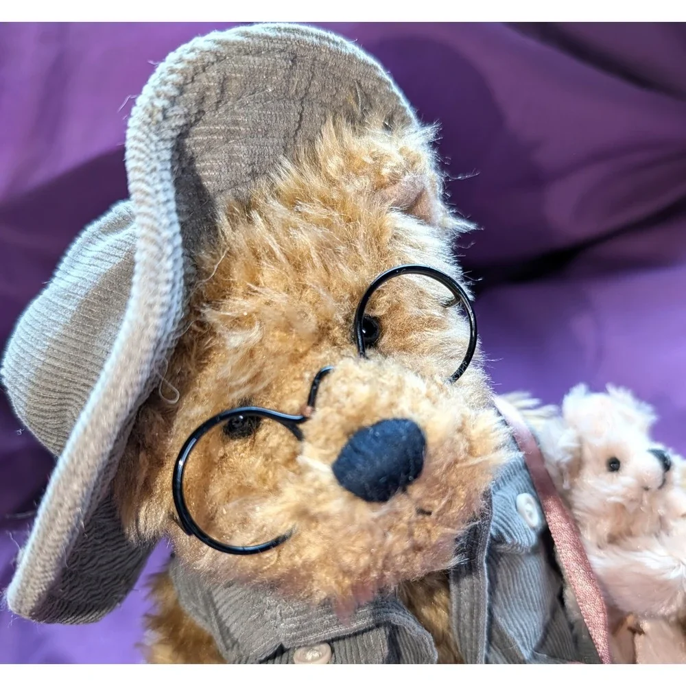 Plush Brown Grandpa Bear glasses fishing pole Creel Vest Glasses Grandchild Hat